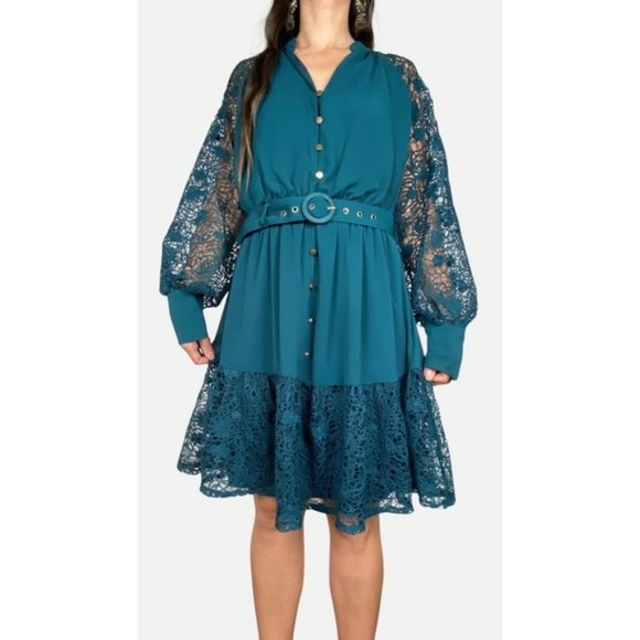 CHASING KATE by ST FROCK Alannah Green Lace Balloon Sleeve Belted Dress - Picture 1 of 11